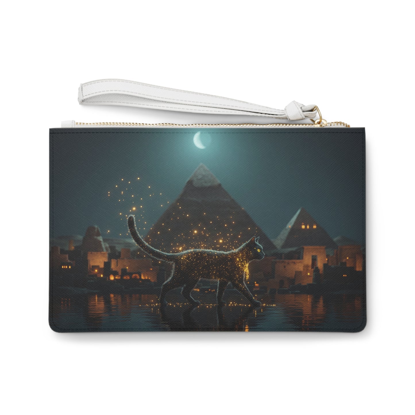 Celestial Cat Clutch Bag – Moonlit Pyramids & Whispering Sparks