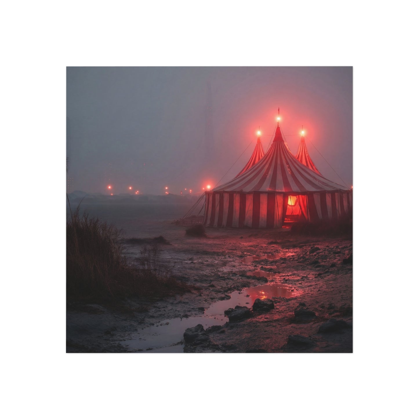Crimson Circus Tent Magnet – Fogbound Wonder on the Shore