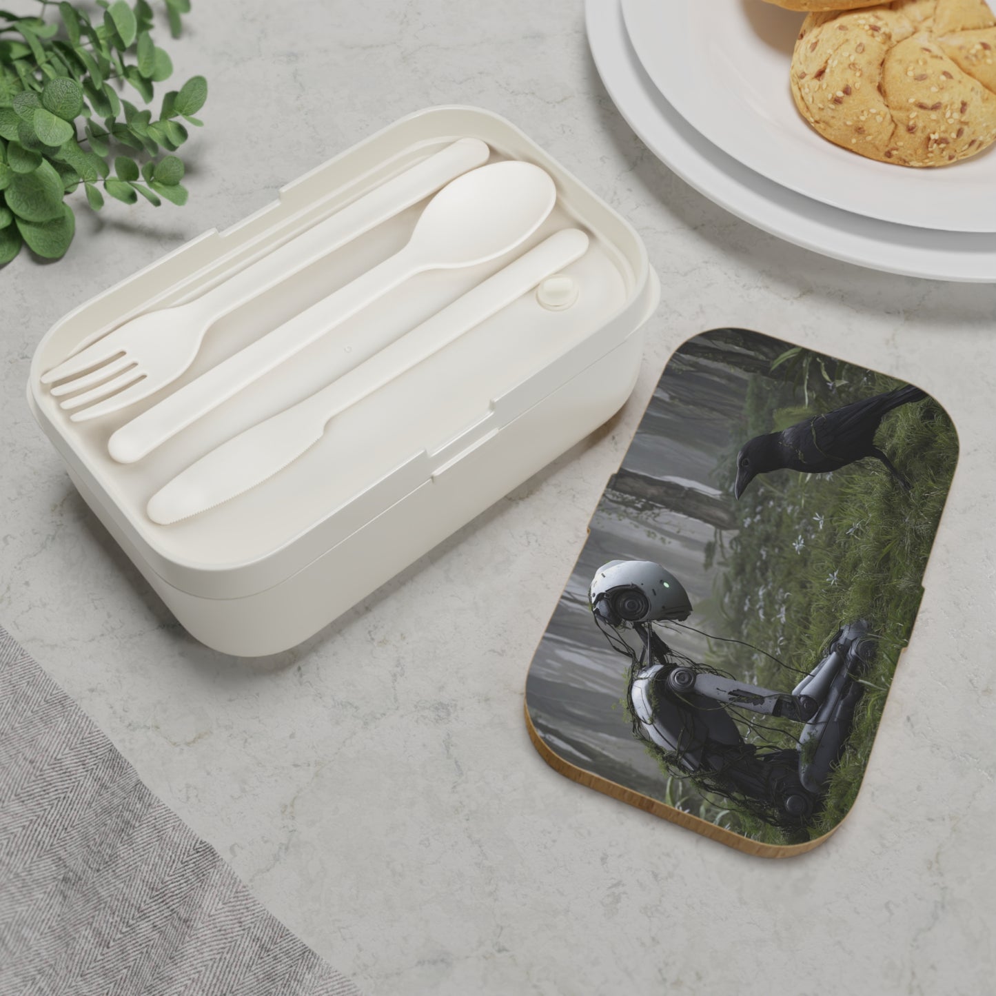 Forgotten Robot and Raven Bento Lunch Box – Whispers of the Verdant Grove