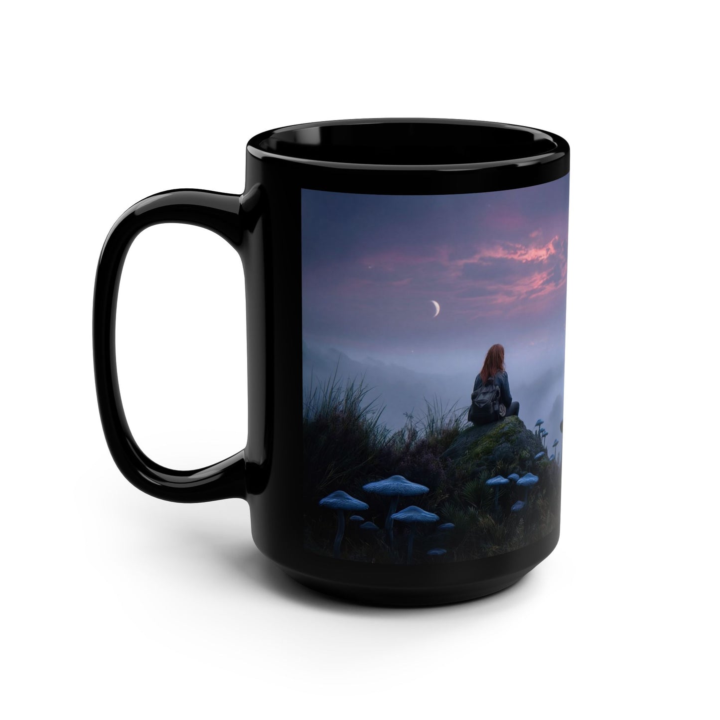 Red-Haired Wanderer Black Mug, 15oz – Twilight Hilltop Moonlit Escape
