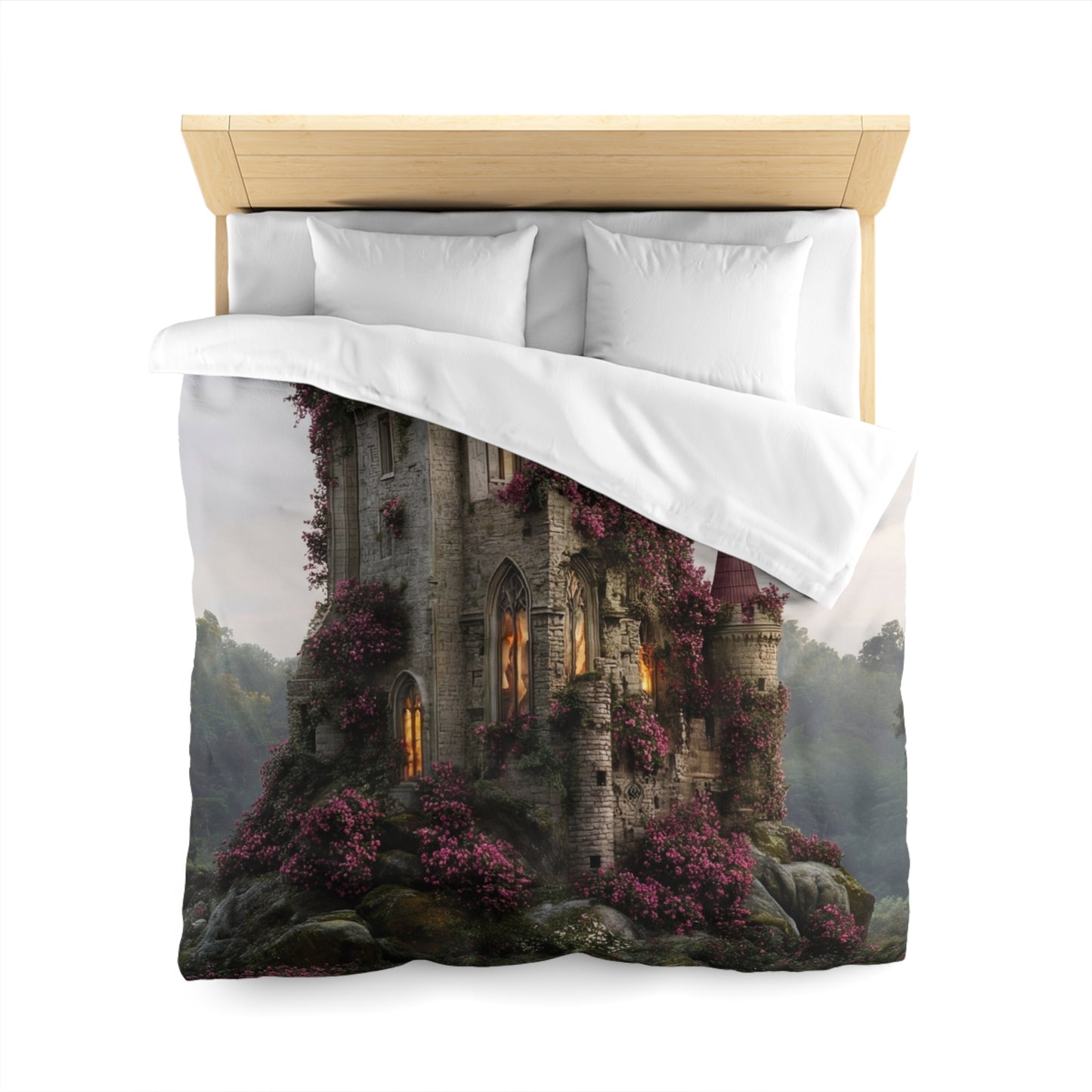 Rose-Covered Castle Microfiber Duvet Cover – Whispers of the Misty Vale