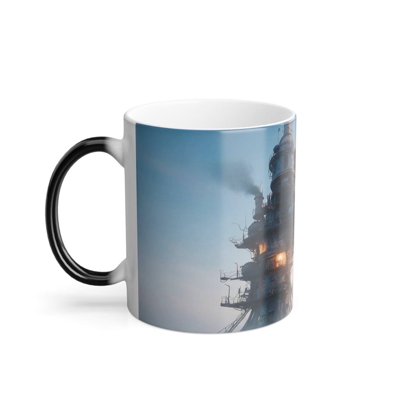 Solitary Watchtower Mug – Steam-Rising Industrial Ruin Scene