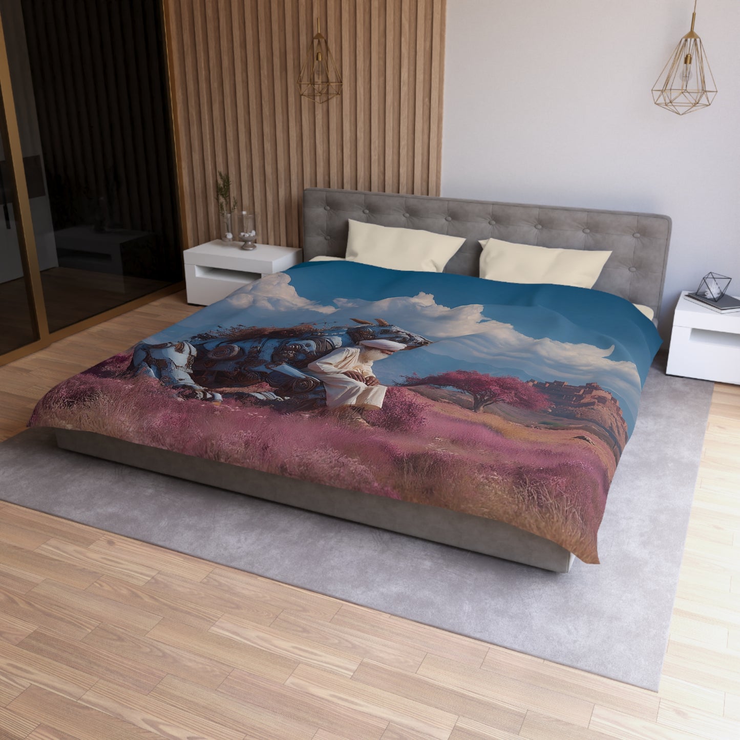 Sage on Mechanical Steed Duvet Cover – Quiet Desert Reverie