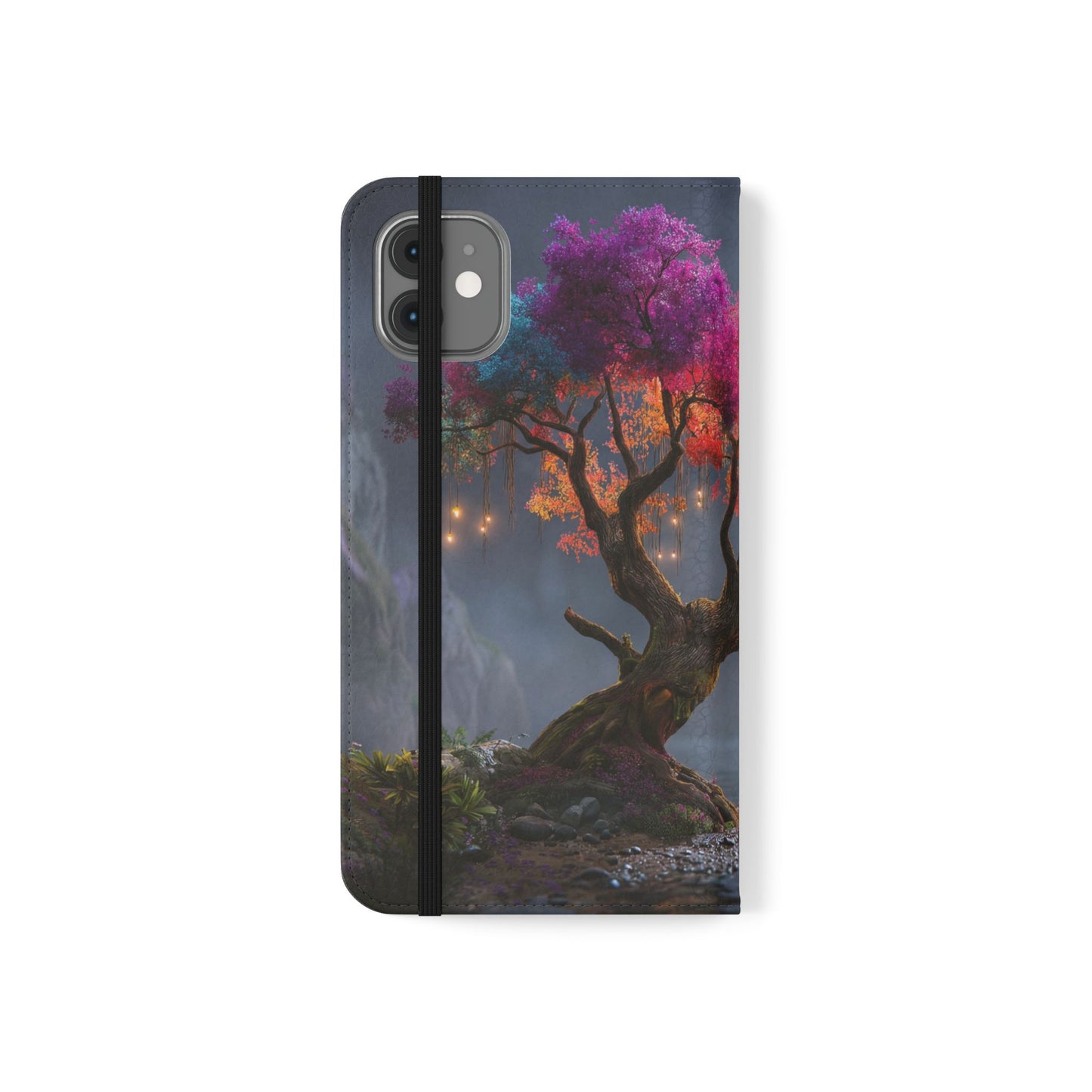Chromatic Canopy Flip Cases – Rainbow Tree Moonlit Waterfall Scene
