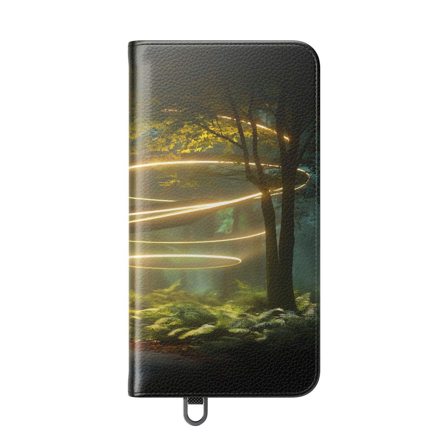 Luminous Spiral Forest Flip Cases – Golden Light Rings Mystery Scene