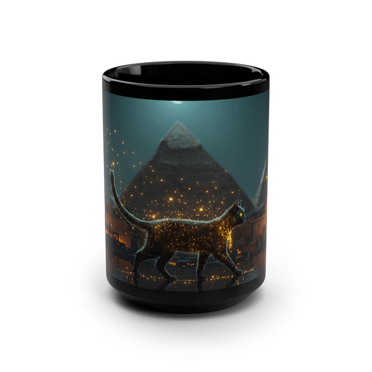 Starry Panther Sentinel Mug – Crescent Moon Over Ancient Pyramids