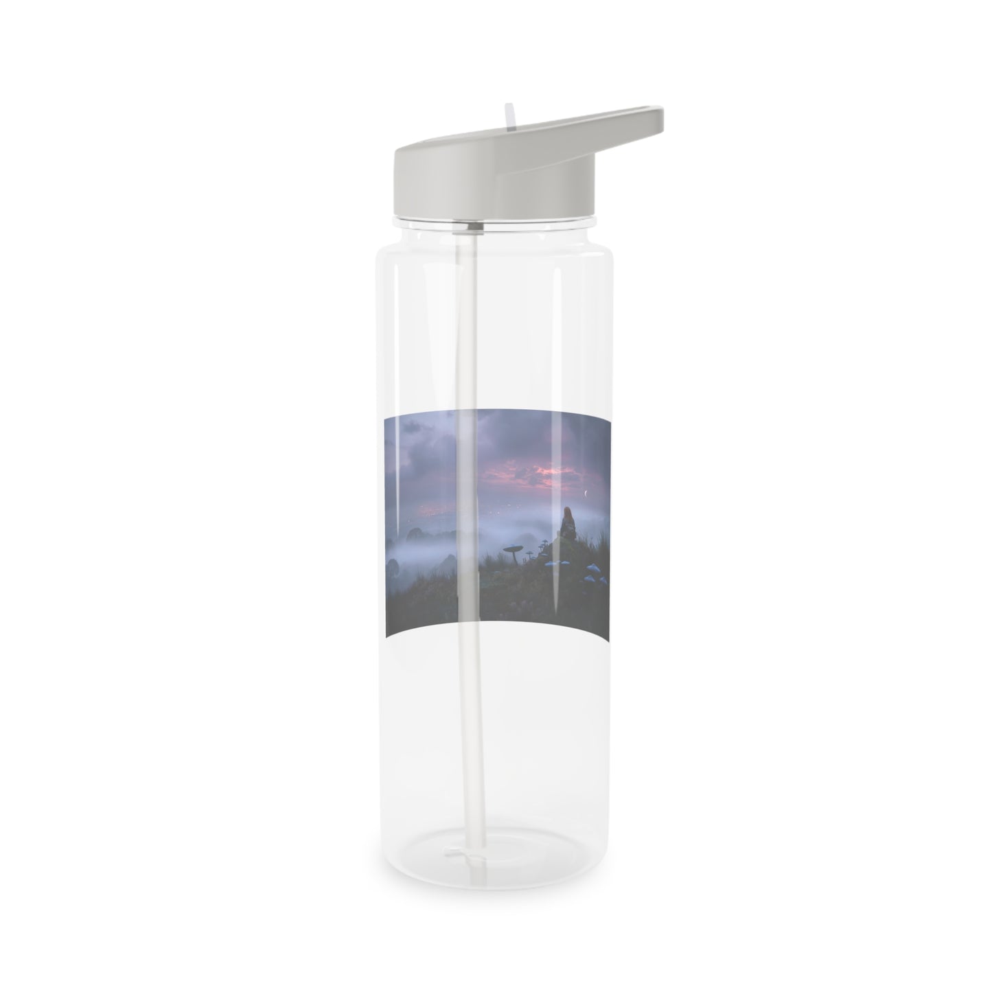 Twilight Hilltop Tritan Water Bottle – Mossy Rock and Crescent Moon Vignette