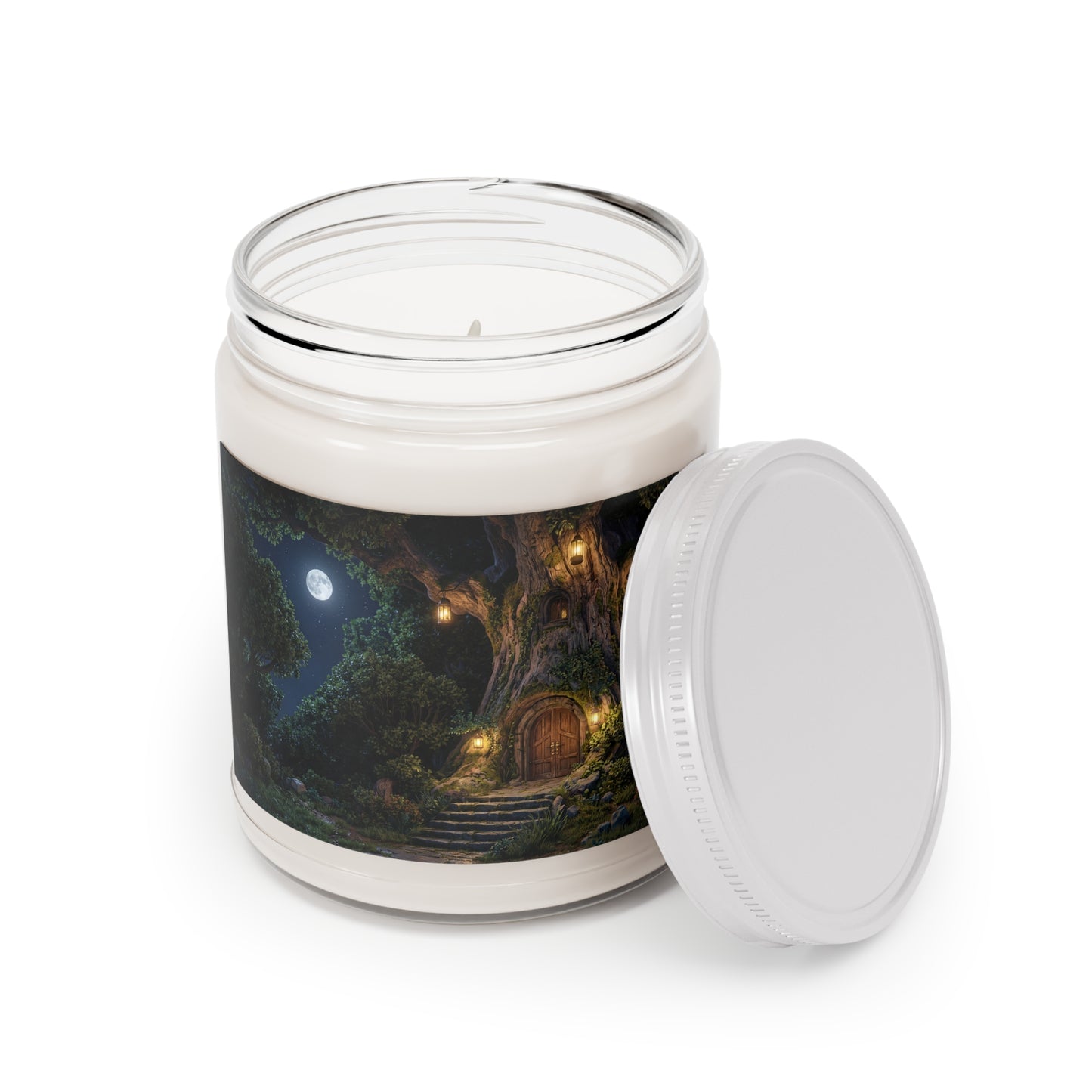 Moonlit Treehouse Doorway Scented Soy Candles with White Lid, 9oz – Whispers of the Ancient Grove
