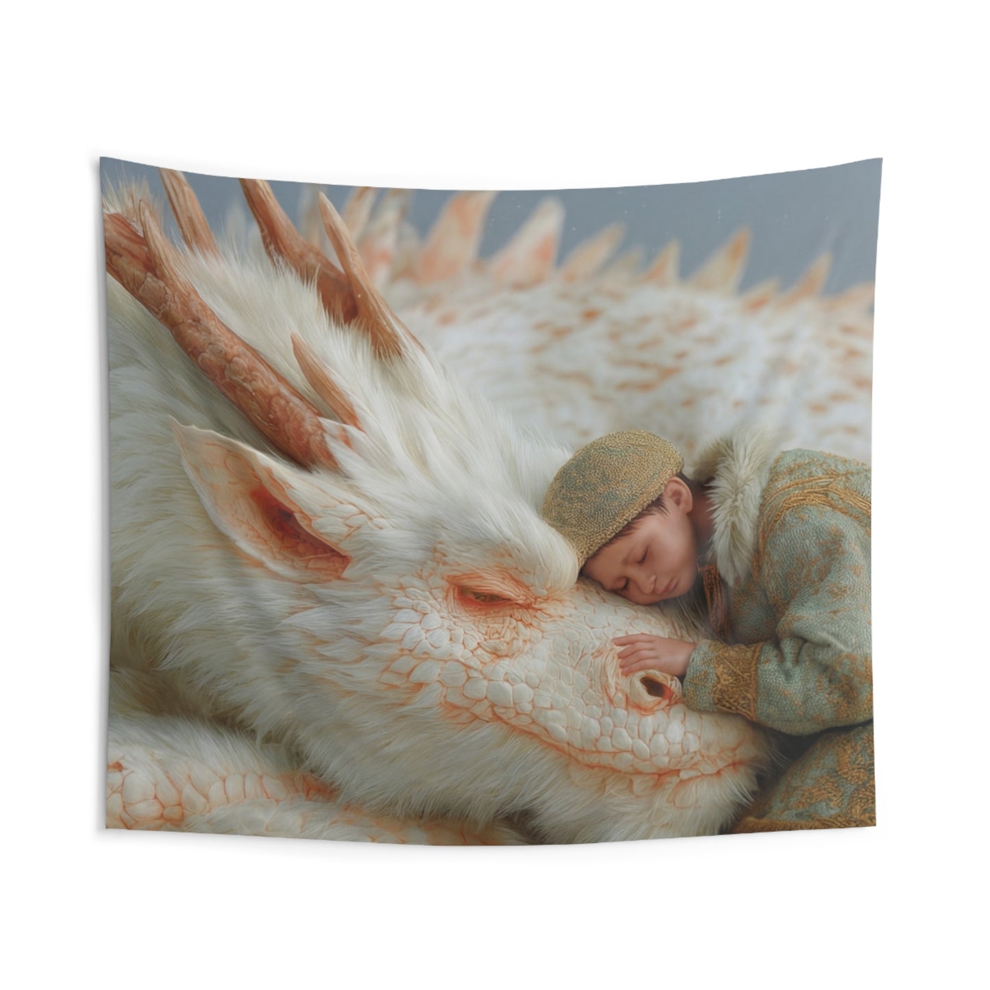 Child and White Dragon Indoor Wall Tapestries – Snowbound Serenity Dreamscape