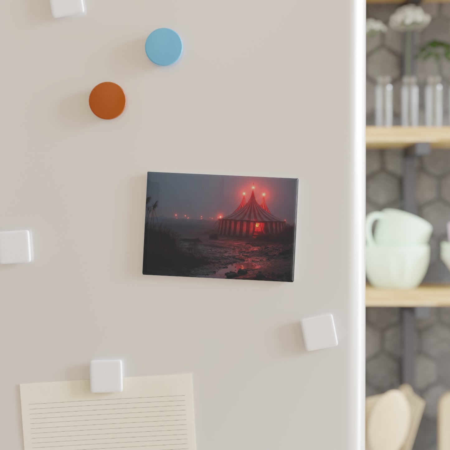 Midnight Circus Tent Button Magnet, Rectangle (1 & 10 pcs) – Glowing Red Haven on the Foggy Shore