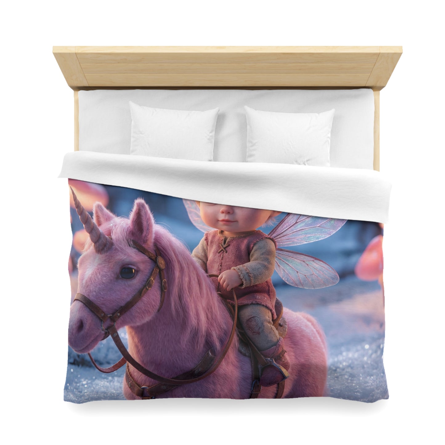 Winged Elf Riding Pink Unicorn Duvet Cover – Winter Mushroom Grove Dreamscape
