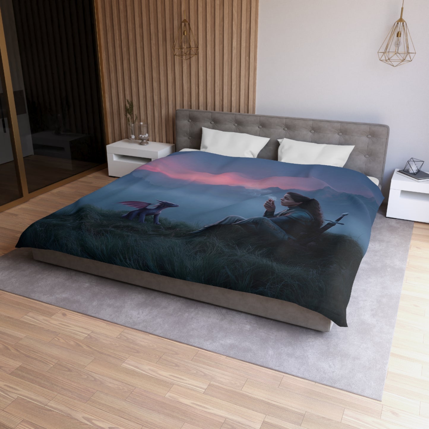 Dragon Guardian Duvet Cover – Misty Mountain Sentinel at Sunset