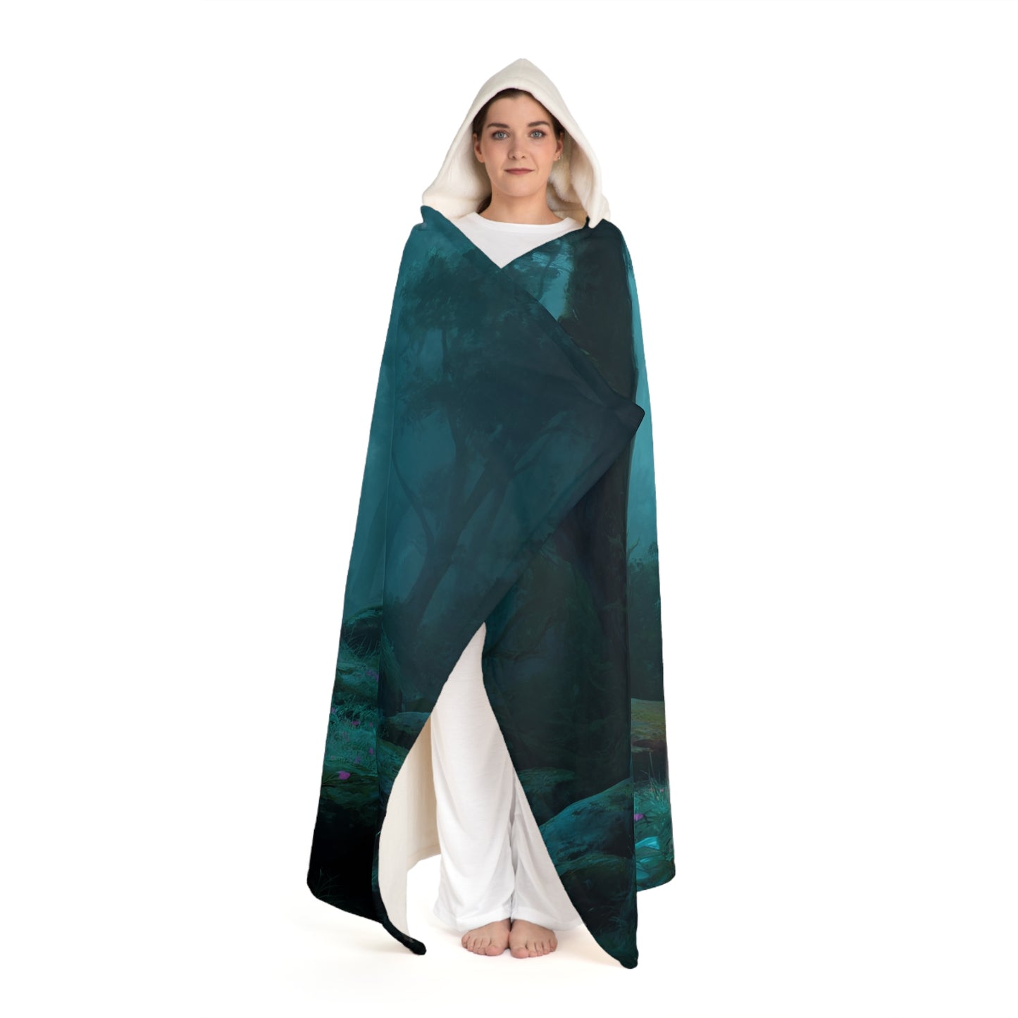 Forest Guardian with Glowing Blade Hooded Sherpa Fleece Blanket – Misty Grove Sentinel