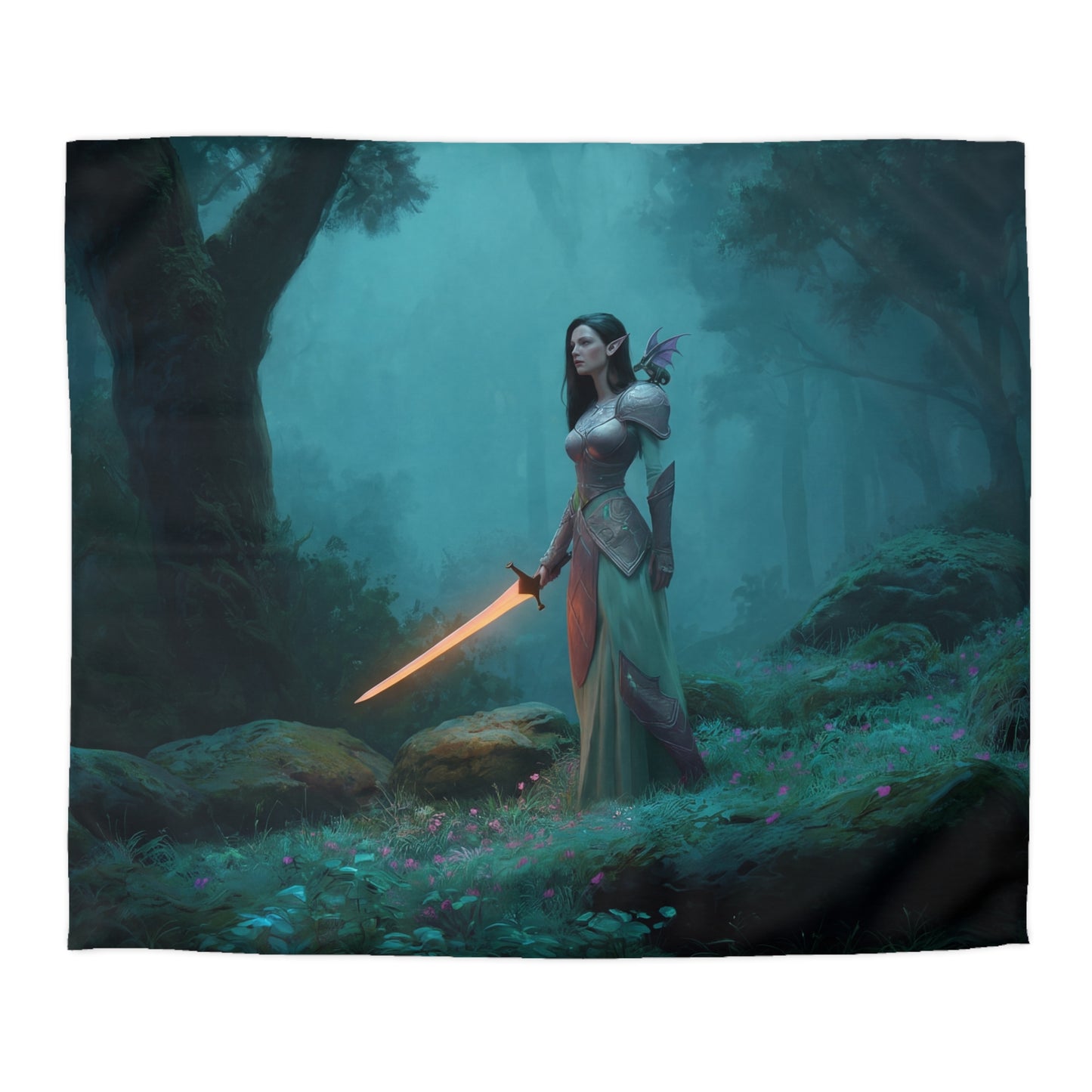 Elven Sentinel Forest Guardian Microfiber Duvet Cover – Glowing Blade and Mossy Grove
