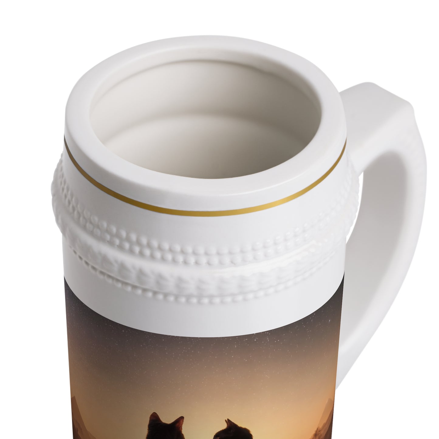 Twin Cats Gazing at Pyramids Stein Mug – Milky Way Sunset Scene