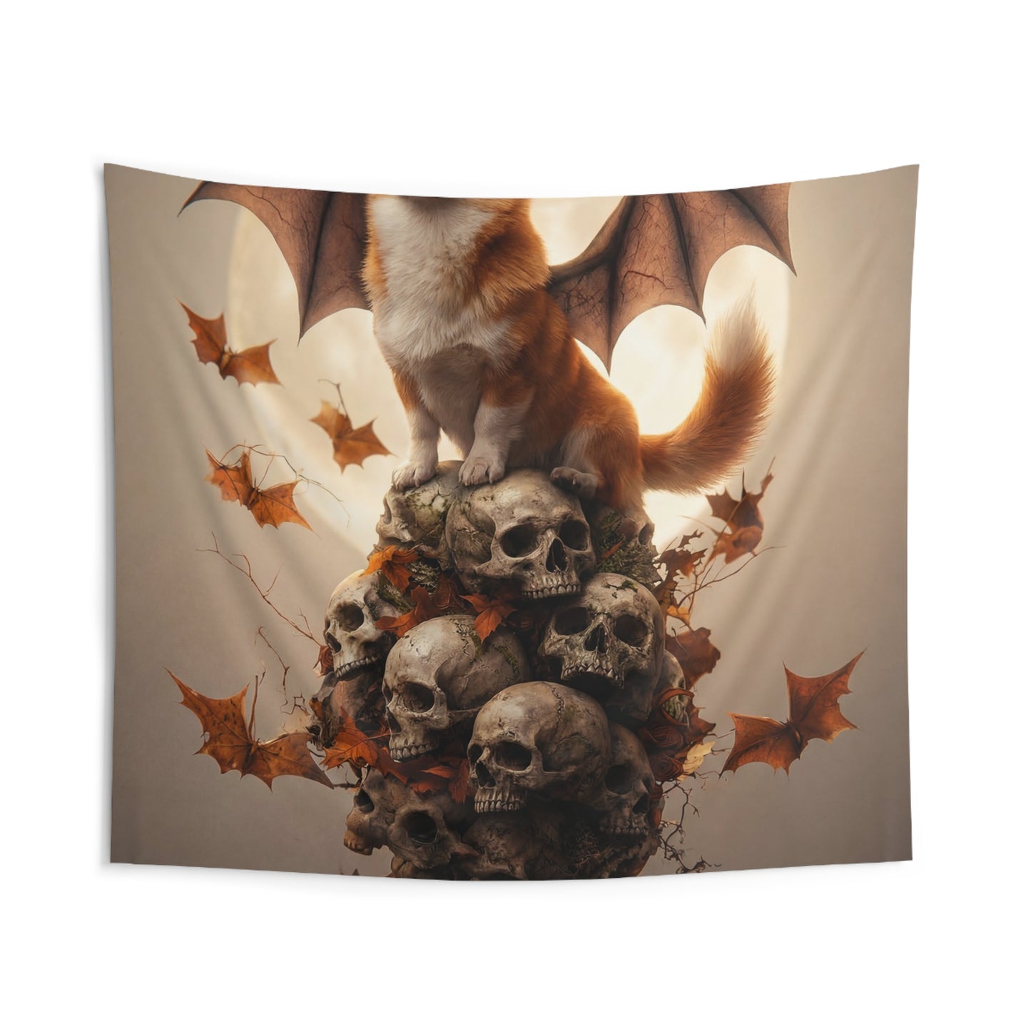 Winged Corgi on Skull Throne Tapestry – Autumn Moonlit Guardian
