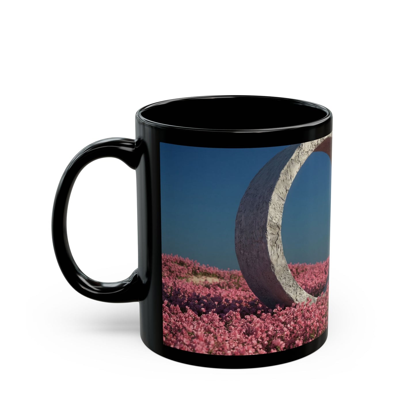 Stone Portal in Pink Bloom Field Mug – Serene Gateway to Dreamscapes