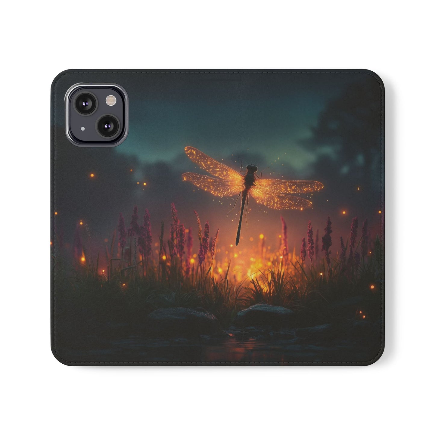 Bioluminescent Dragonfly Flip Cases – Glowing Amber Wings Over Twilight Marsh