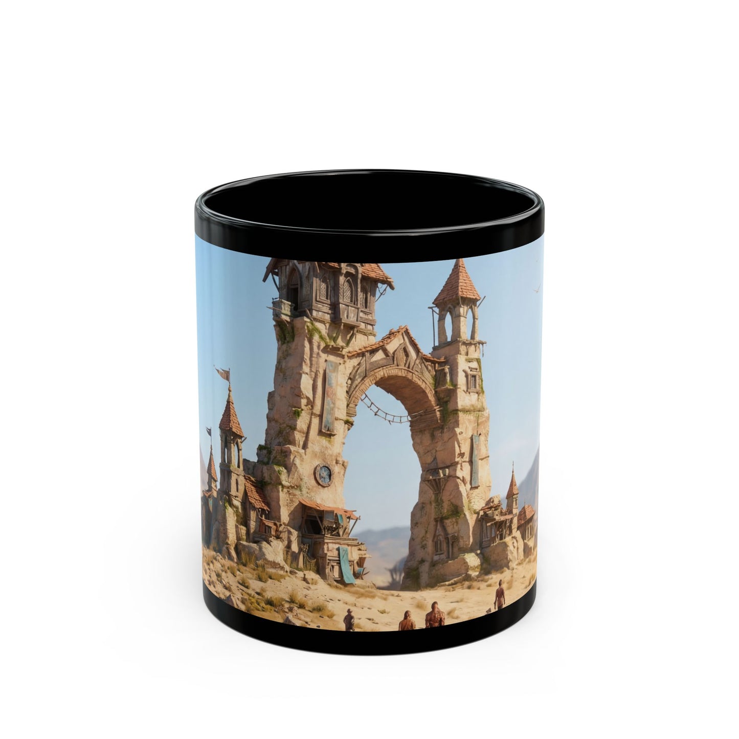 Desert Citadel Black Mug – Sunlit Ruins & Wanderer’s Path
