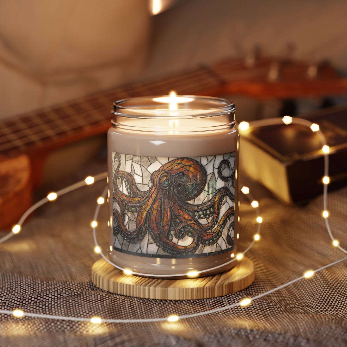 Stained Glass Octopus Scented Soy Candles with White Lid, 9oz – Deep Sea Cathedral Light