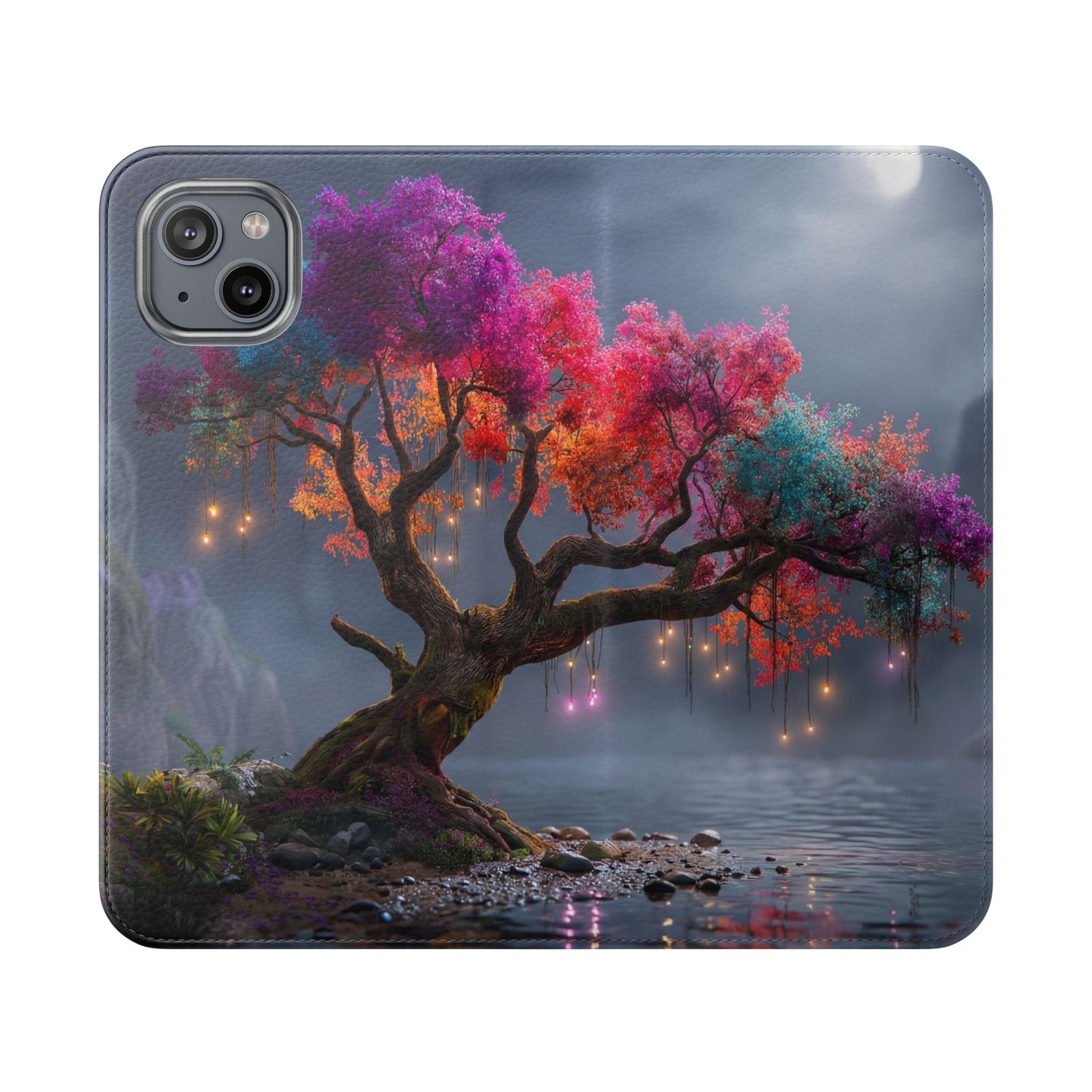 Chromatic Canopy Flip Cases – Rainbow Tree Moonlit Waterfall Scene