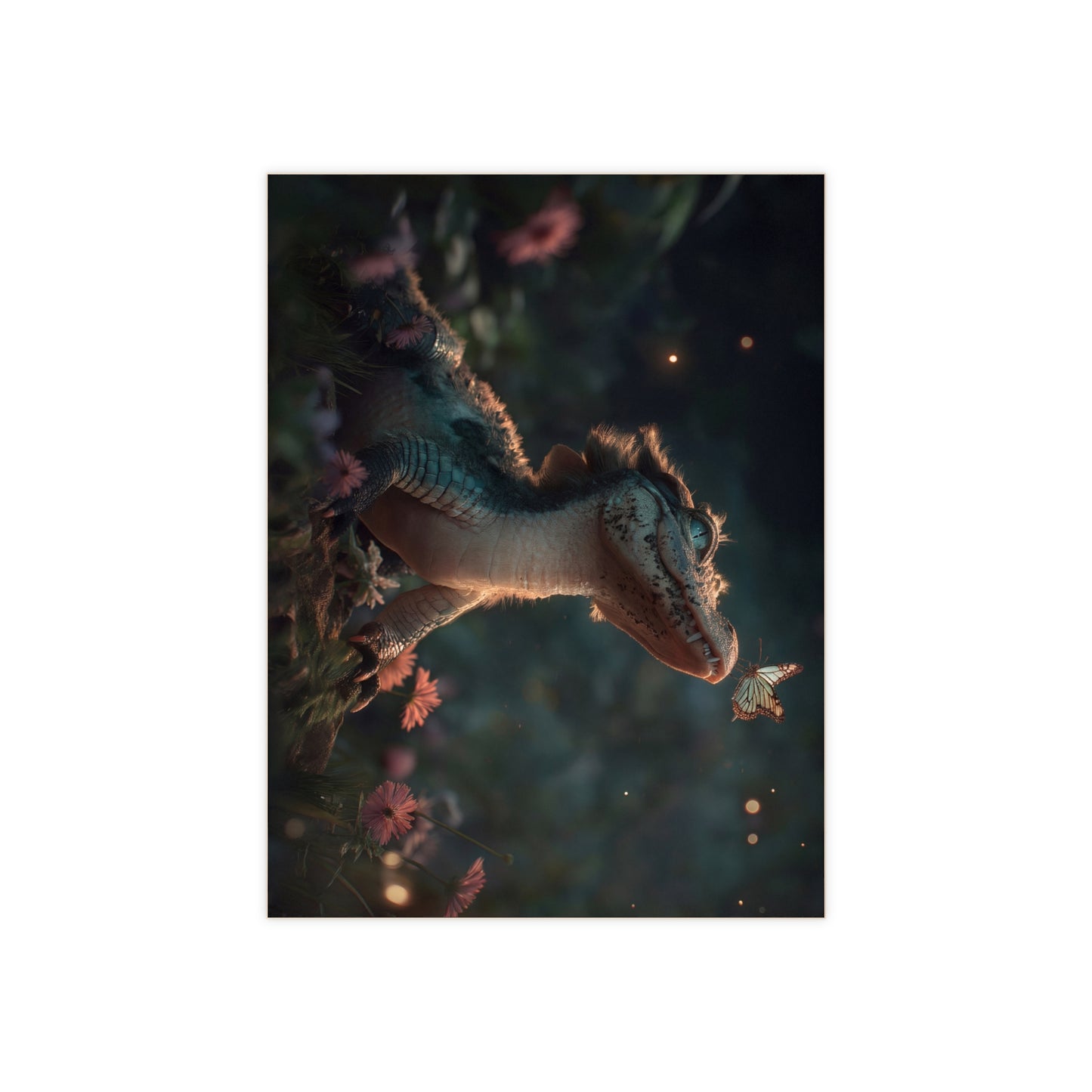 Gentle Crocodile and Butterfly Ceramic Photo Tile – Twilight Garden Whispers