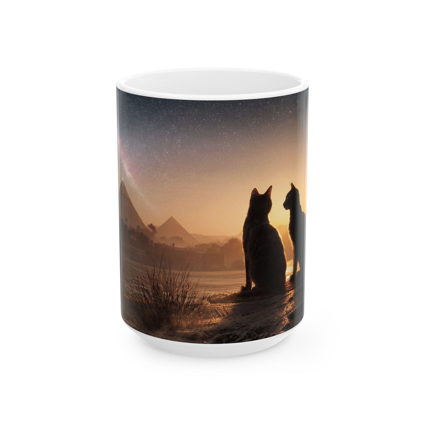 Starlit Pyramids Cat Mug – Ancient Nightwatchers Under Milky Way