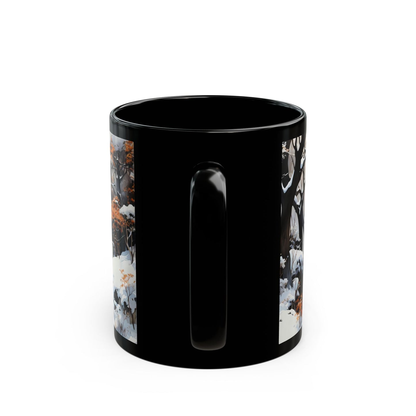 Winter Castle by the Frozen Stream Black Mug – Snow-Crowned Dreamscape