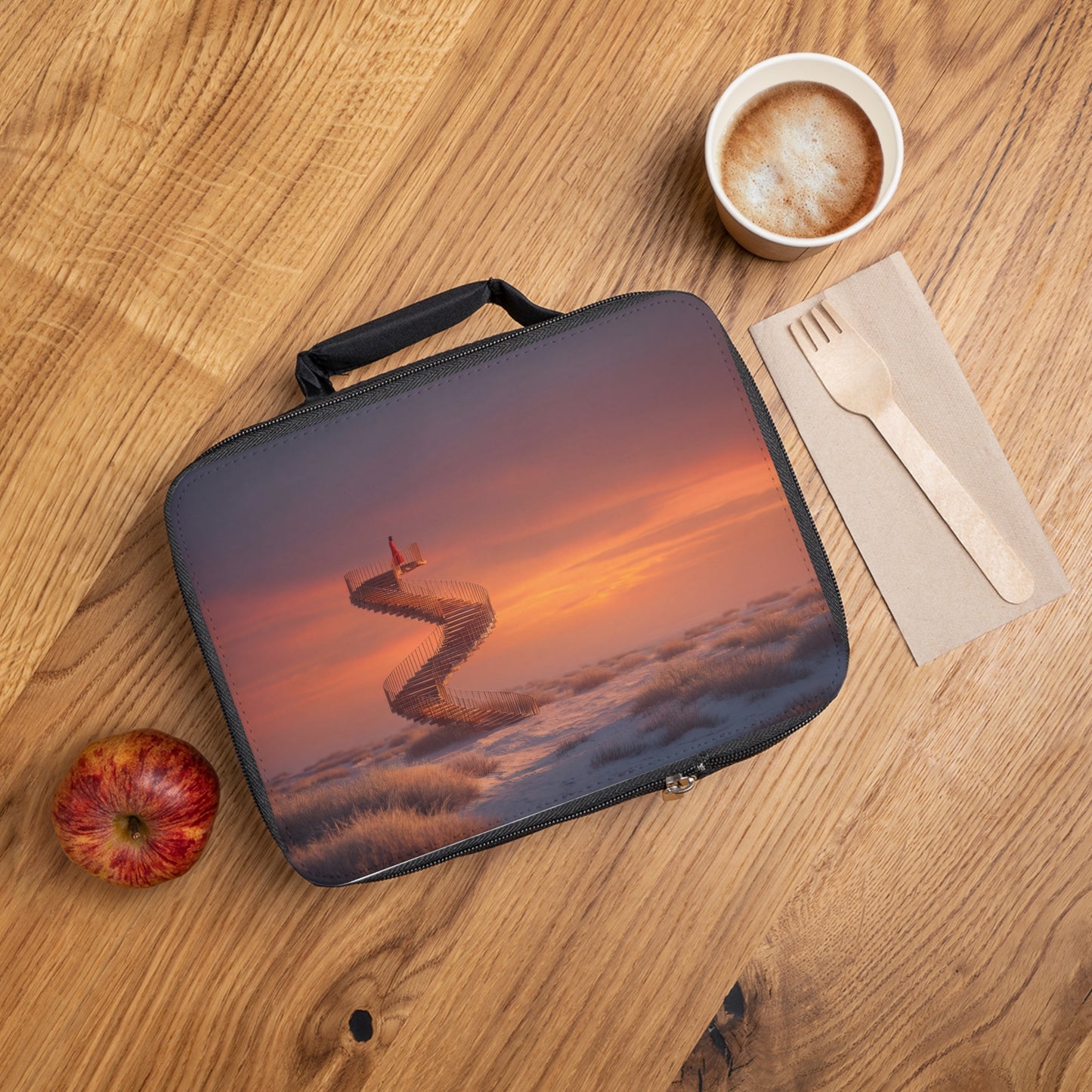 Solitary Spiral Staircase Lunch Bag – Sunset Sentinel in Crimson Robe