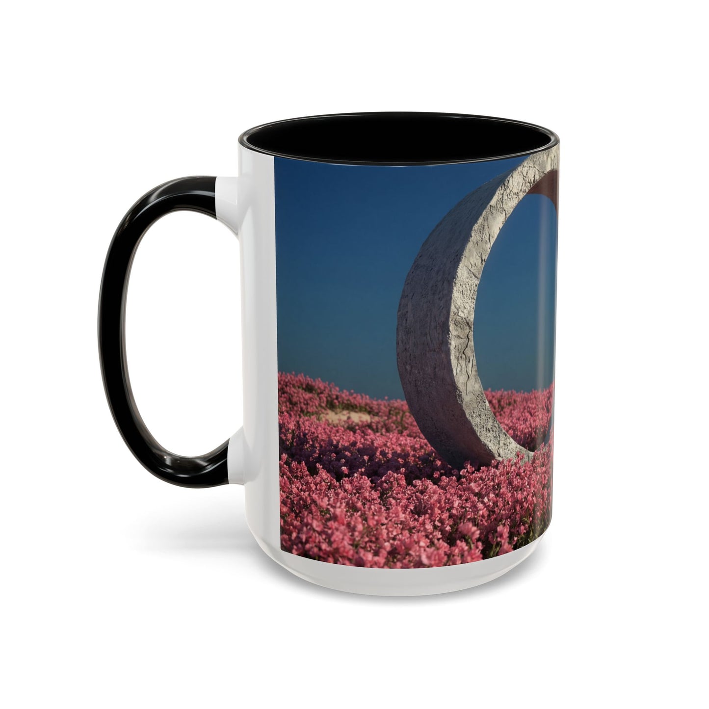 Stone Ring Garden Bloom Accent Coffee Mug – Cracked Concrete Portal in Pink Wildflowers