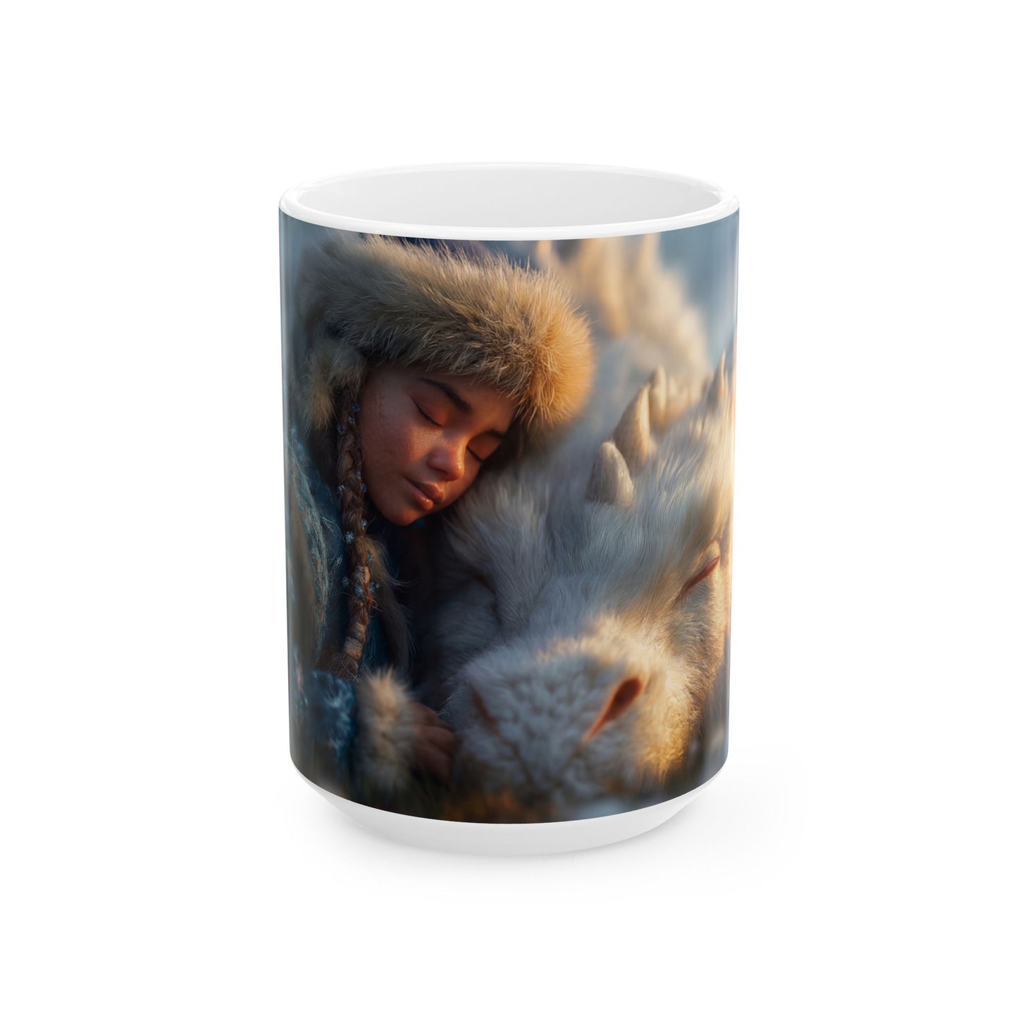 Girl and White Dragon Ceramic Mug – Golden Hour Sanctuary