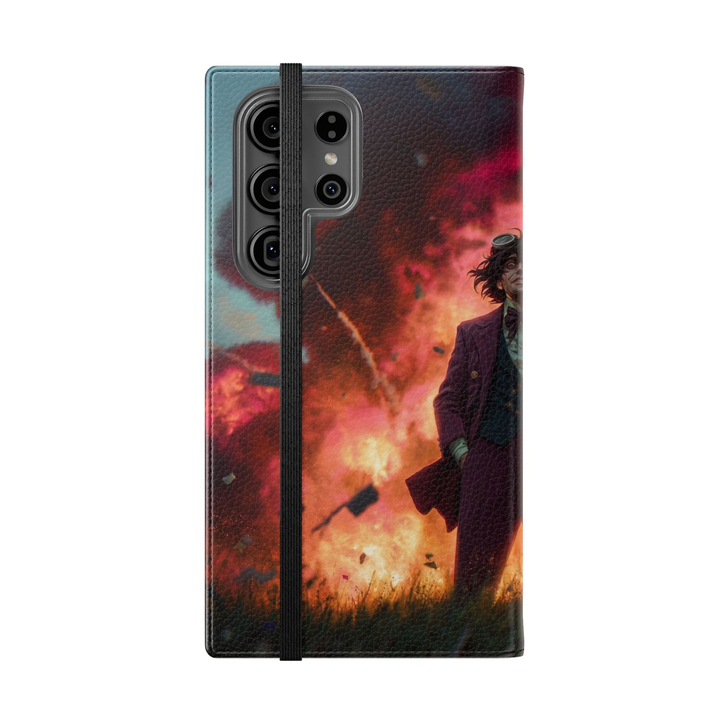 Goggles & Chaos Flip Cases – Purple Suit Amidst Fiery Explosion