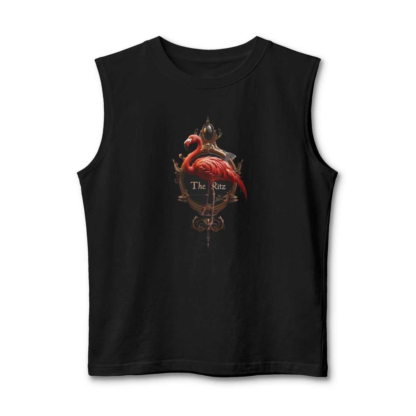 Crimson Flamingo Ritz Tank – Opulent Gold Signage Graphic