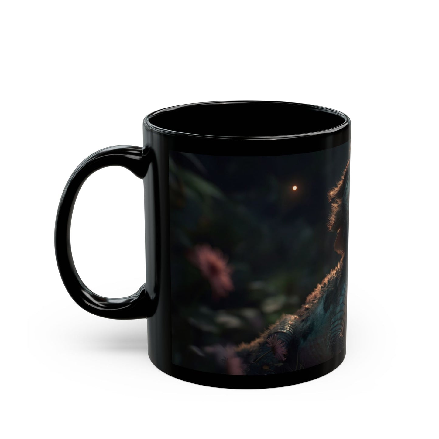 Gentle Crocodile & Butterfly Black Mug – Twilight Garden Whispers