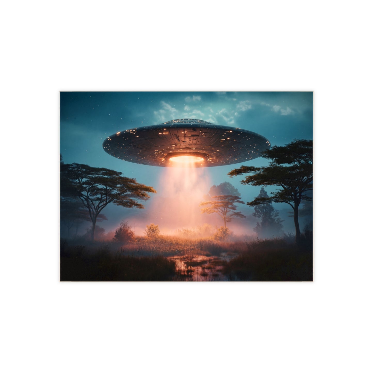 UFO Over Savannah Ceramic Photo Tile – Warm Light on Misty Earth
