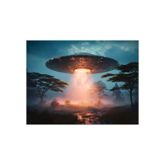 UFO Over Savannah Ceramic Photo Tile – Warm Light on Misty Earth
