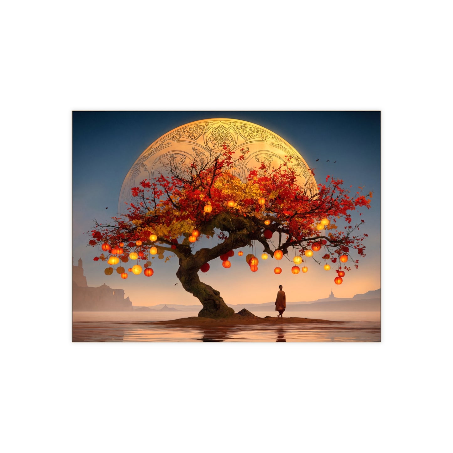 Lantern Tree Under Celestial Moon Ceramic Photo Tile – Autumn’s Quiet Reverie