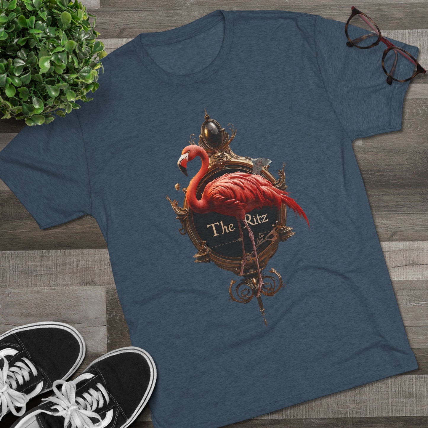 The Ritz Flamingo Sign Tri-Blend Crew Tee – Velvet Gold and Crimson Crest