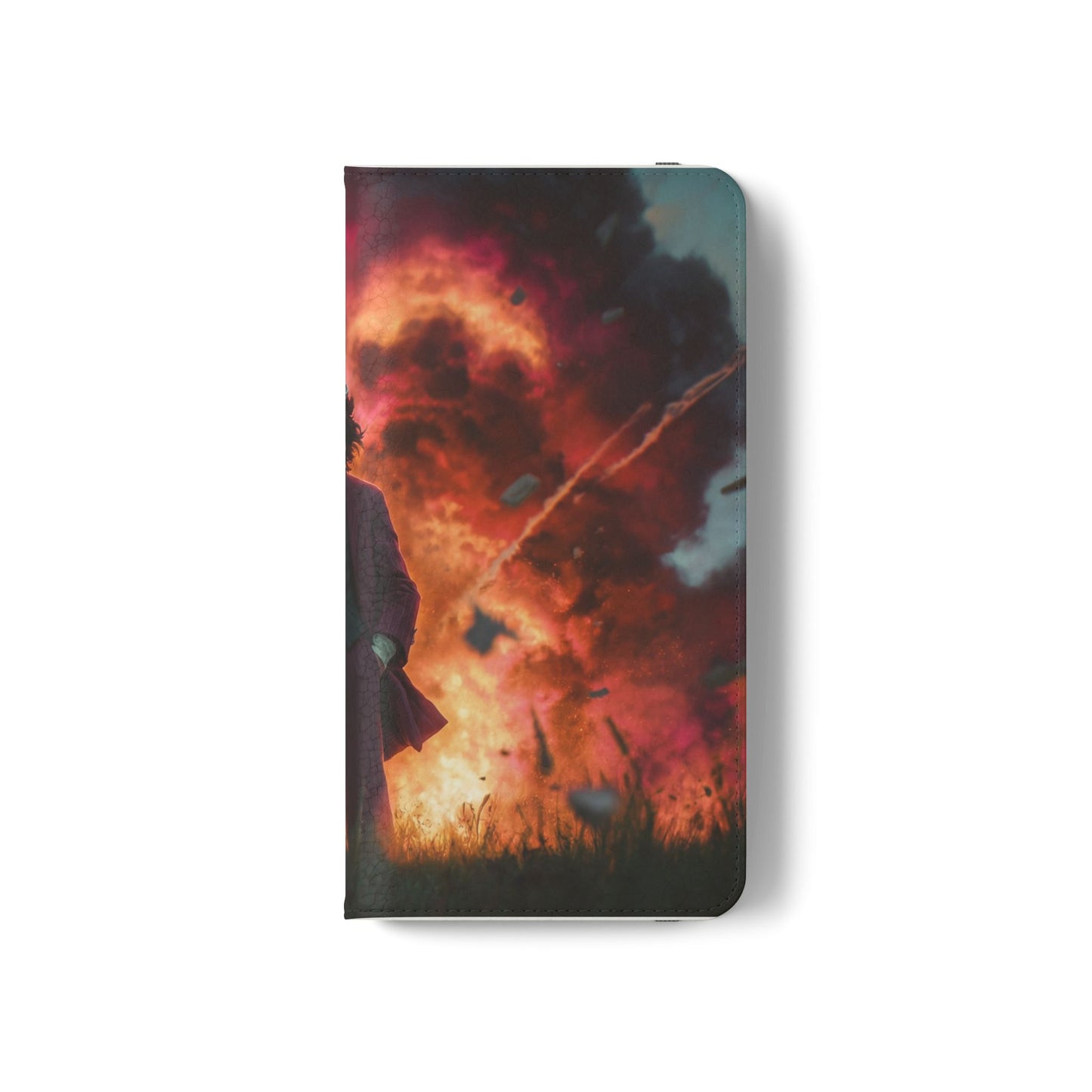 Goggles & Chaos Flip Cases – Purple Suit Amidst Fiery Explosion