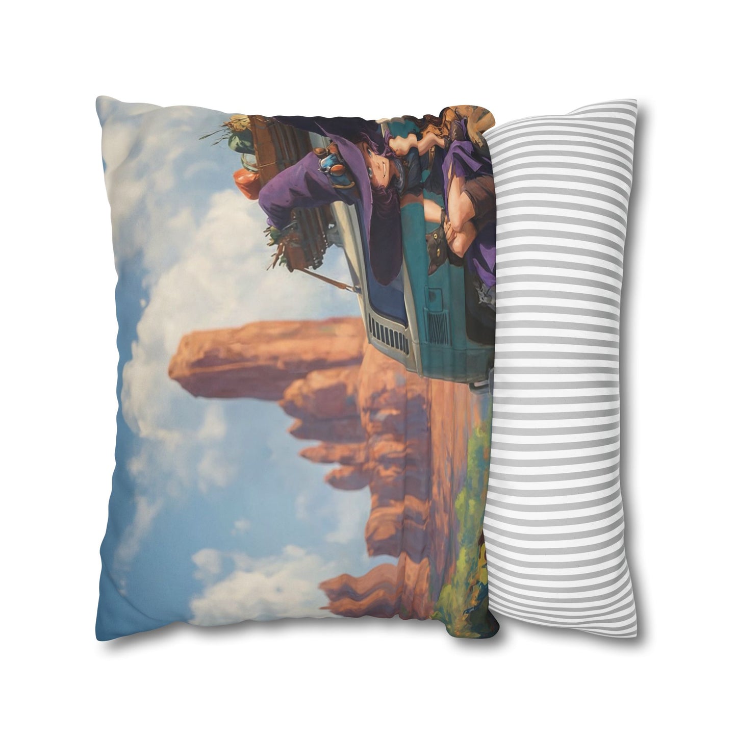 Wagon Ride Faux Suede Square Pillowcase – Desert Camper Adventure Scene