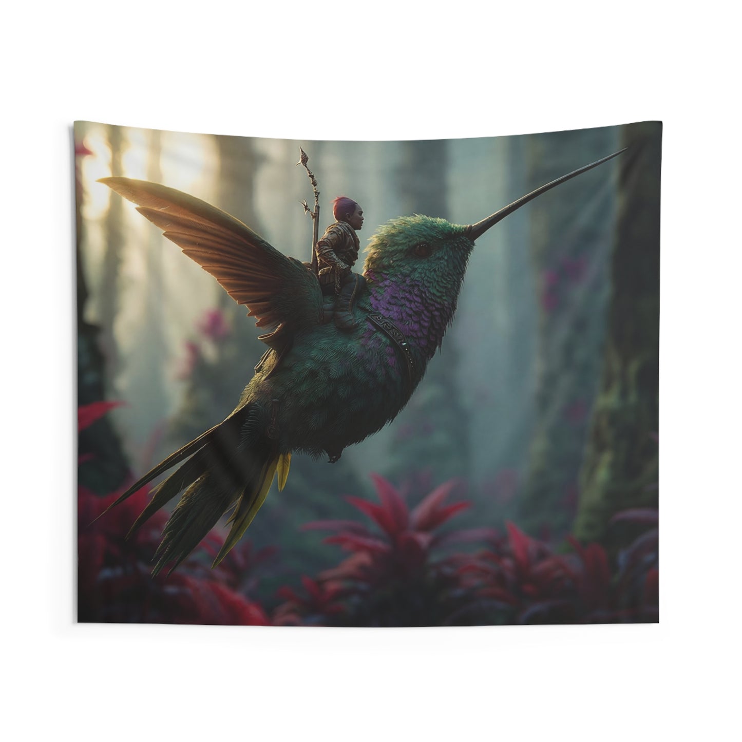 Hummingbird Rider Indoor Wall Tapestries – Dawn’s Whisper Through Verdant Canopy
