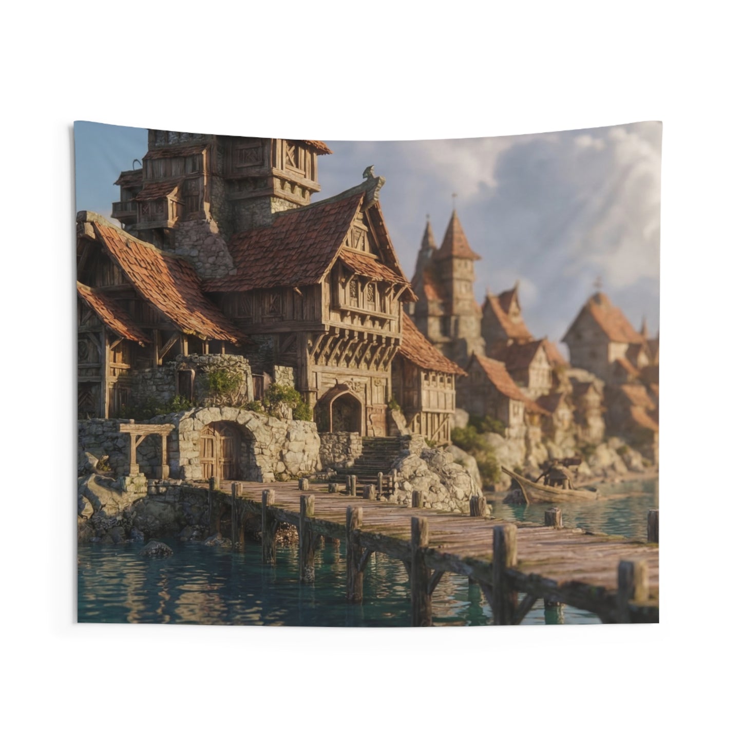 Coastal Viking Village Wall Tapestry – Sunlit Harbor Whispers