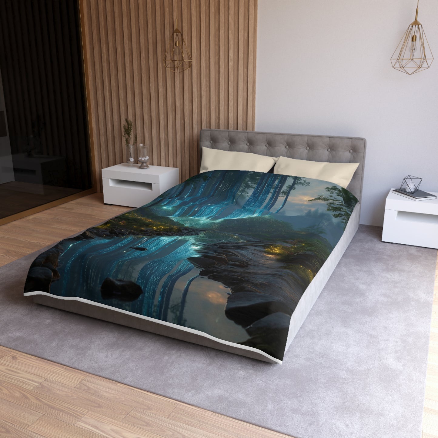 Celestial Waterfall Forest Microfiber Duvet Cover – Azure Light Reverie