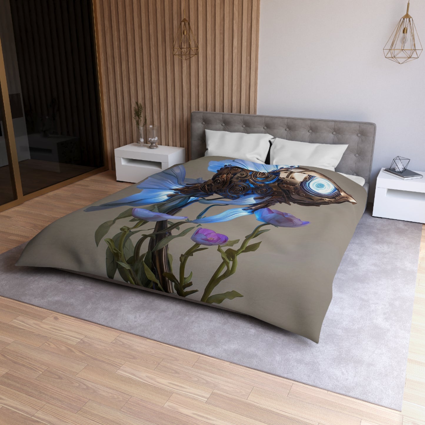 Steampunk Fish Microfiber Duvet Cover – Luminescent Gear & Petal Dreamscape