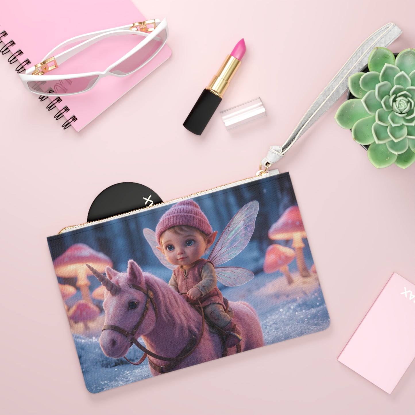 Pink Unicorn Rider Clutch Bag – Snow-Dusted Fairy Quest