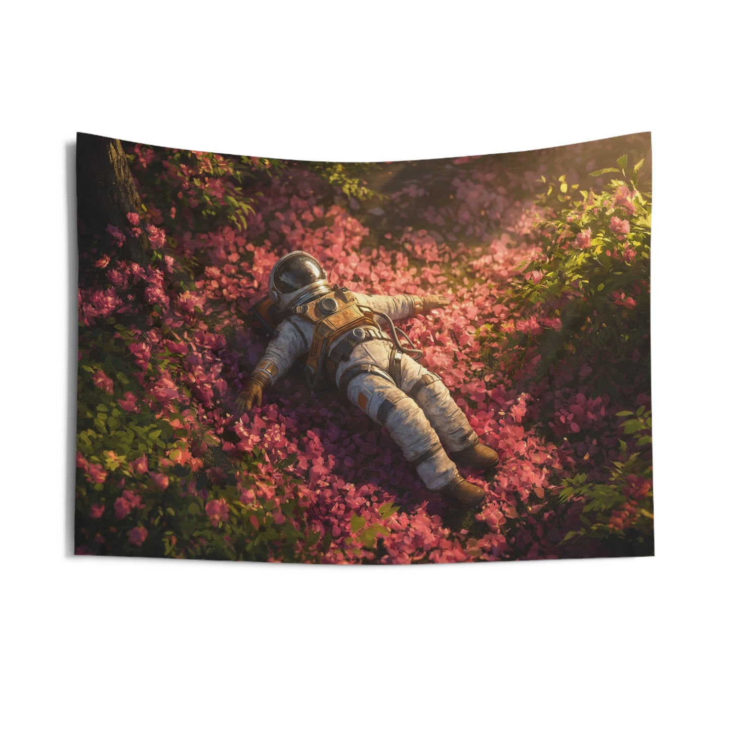 Astronaut Amidst Pink Petals Indoor Wall Tapestries – Sunset Garden Requiem