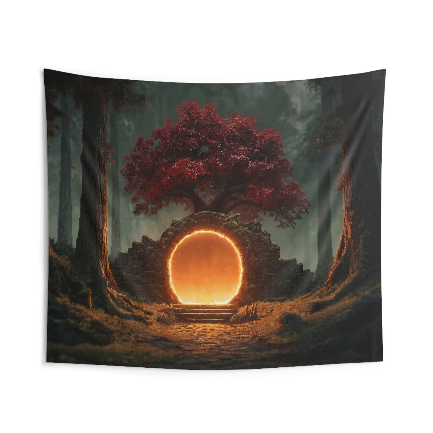 Forest Portal Tapestry – Crimson Tree and Glowing Threshold