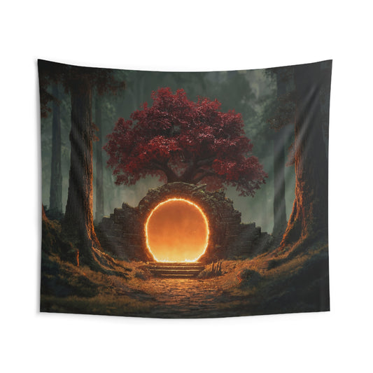 Whispering Gate Forest Tapestry – Crimson Tree Portal Dreamscape