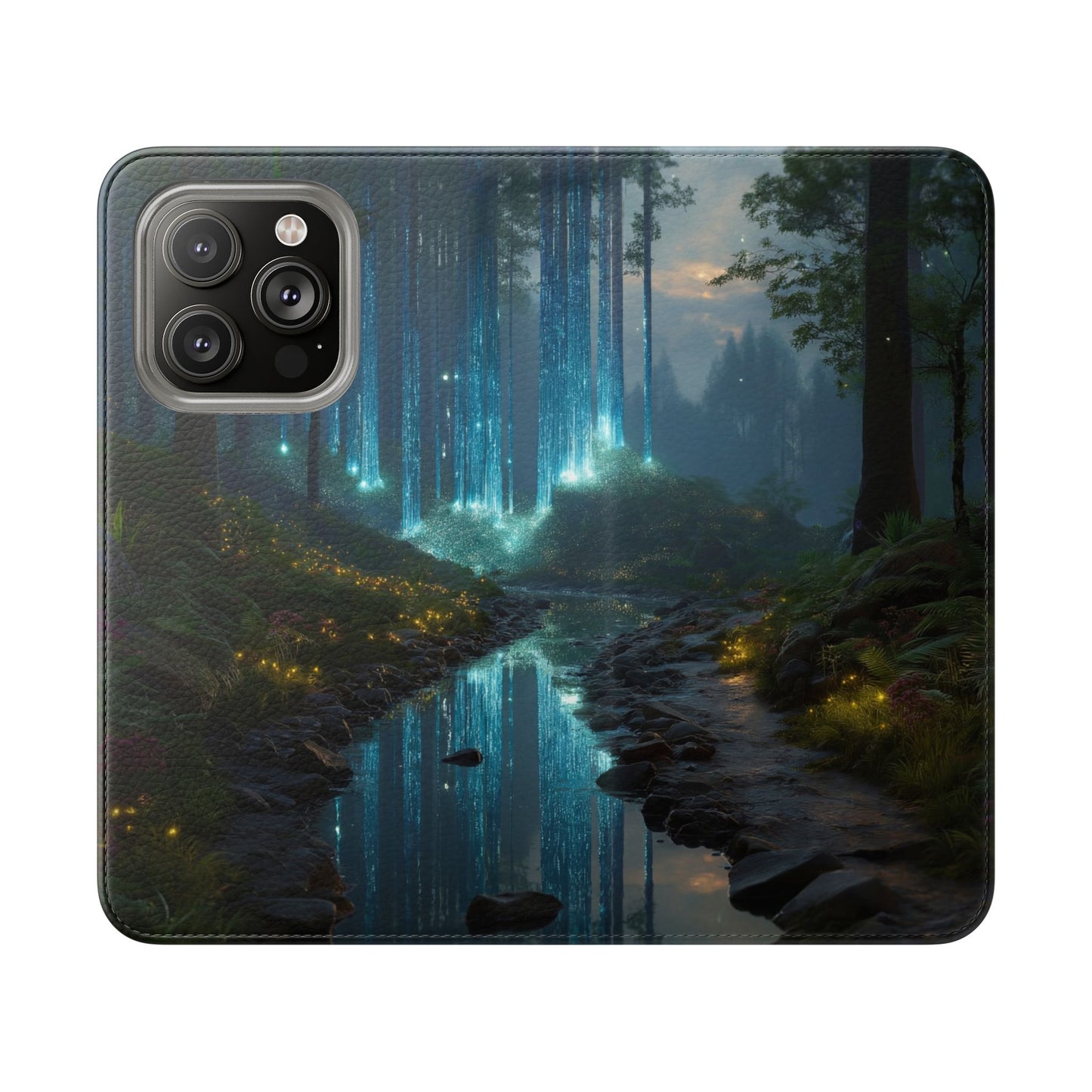 Bioluminescent Forest Flip Cases – Cyan Lightfall Stream Cover