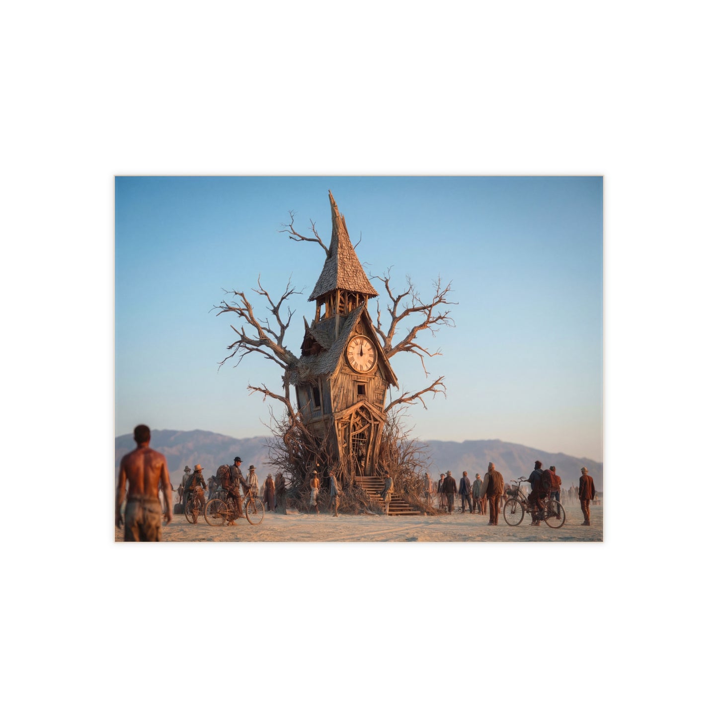 Clock Tower in the Desert Tree Ceramic Photo Tile – Whimsical Timekeeper in a Withered Grove